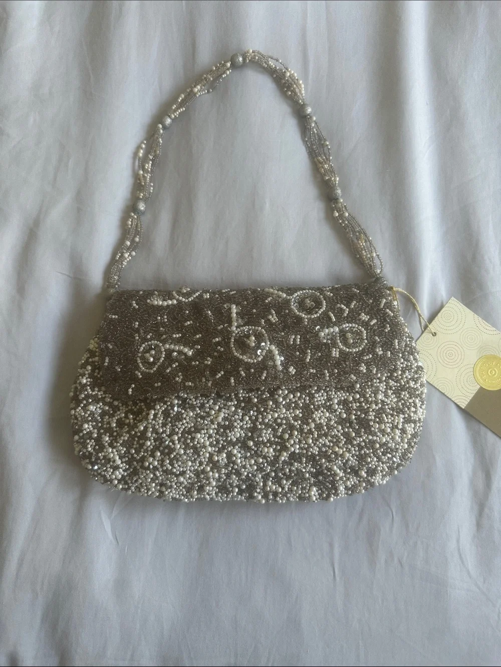 Pearl Beaded Evening Clutch Bag - Cream/Gold